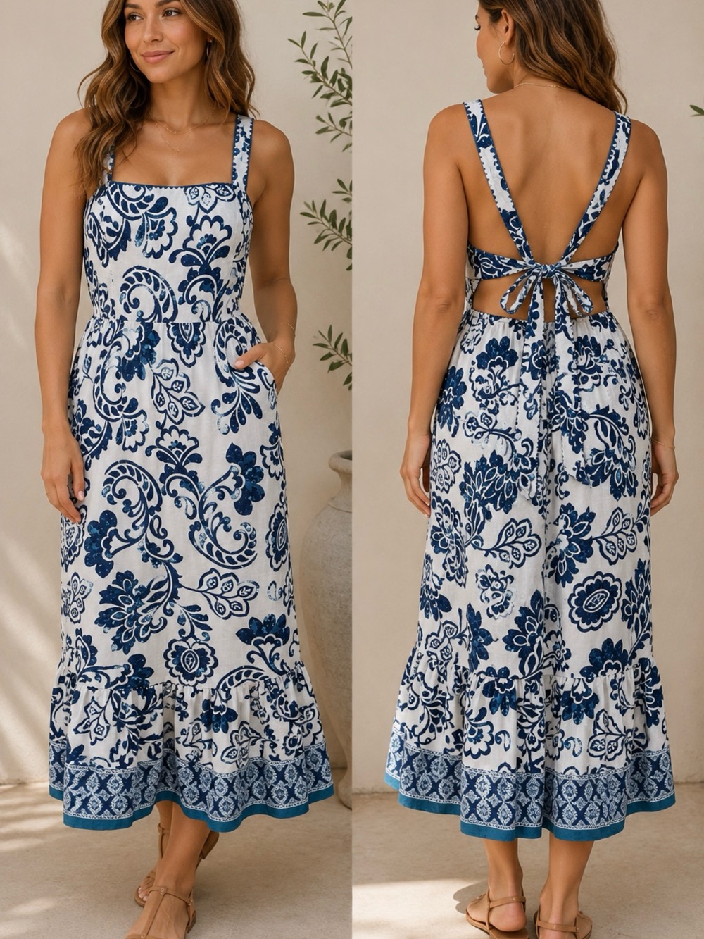 Love Stitch Blue & White Floral Open Back Dress – Size Medium